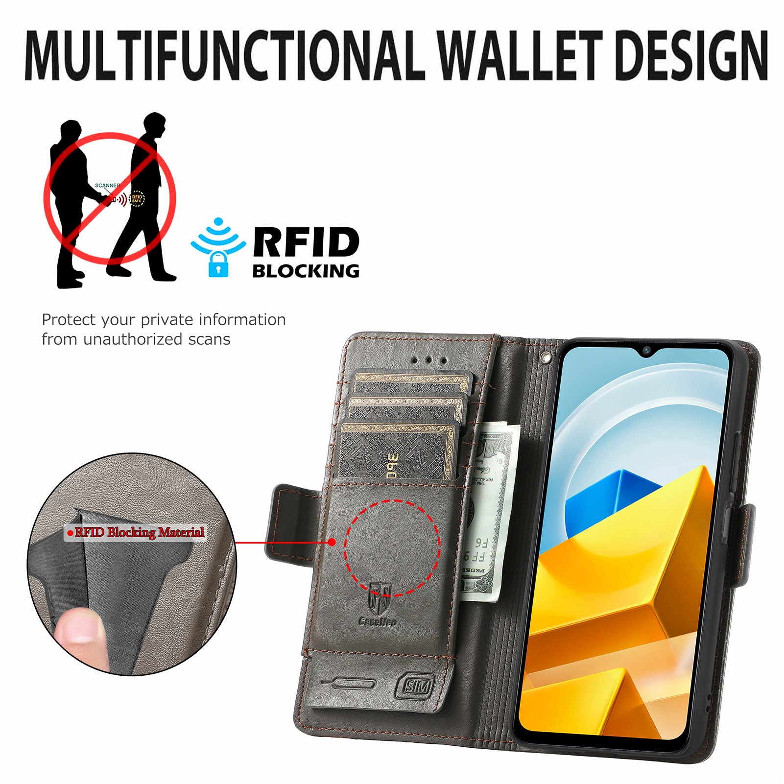 CASENEO 002 Series for Xiaomi Poco M5 4G Business Splicing PU Leather RFID Blocking Phone Case Wallet Stand Anti-drop Cover