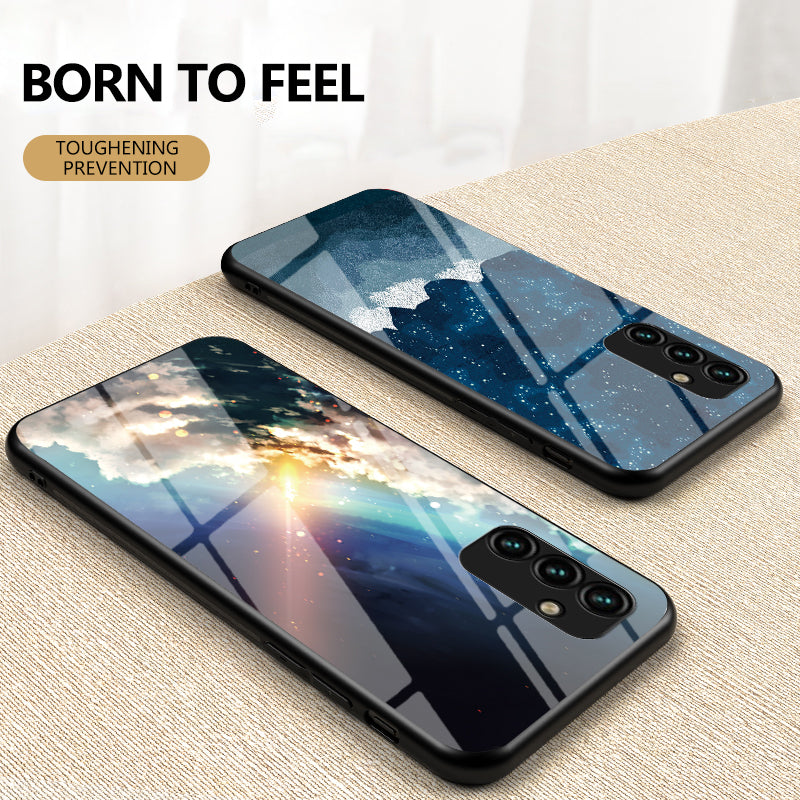 For Samsung Galaxy A34 5G Starry Sky Pattern Printing Phone Cover Tempered Glass Hard PC Soft TPU Shockproof Case