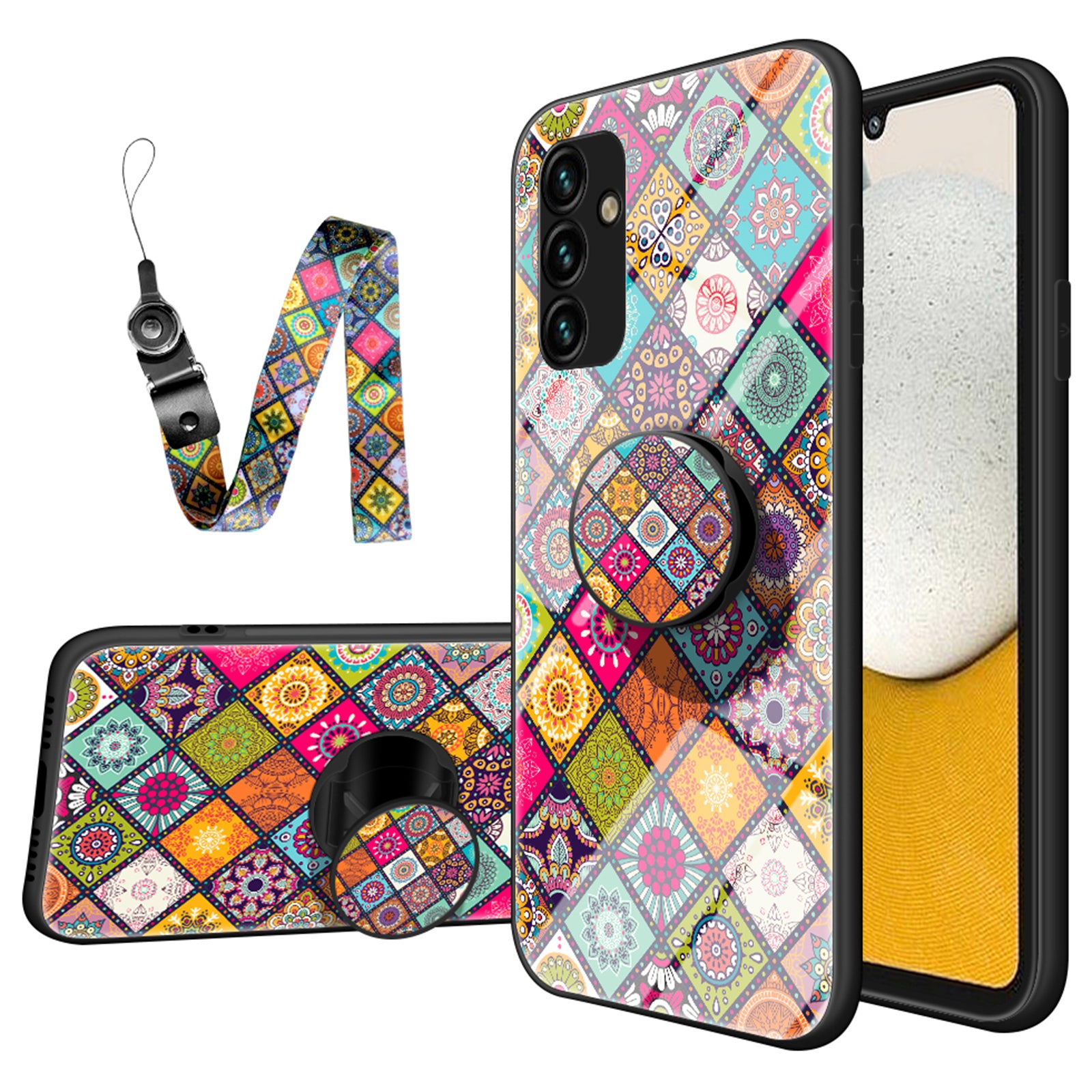 For Samsung Galaxy A34 5G Flower Pattern Kickstand Anti-drop Phone Case PC TPU Tempered Glass Hybrid Cover with Lanyard