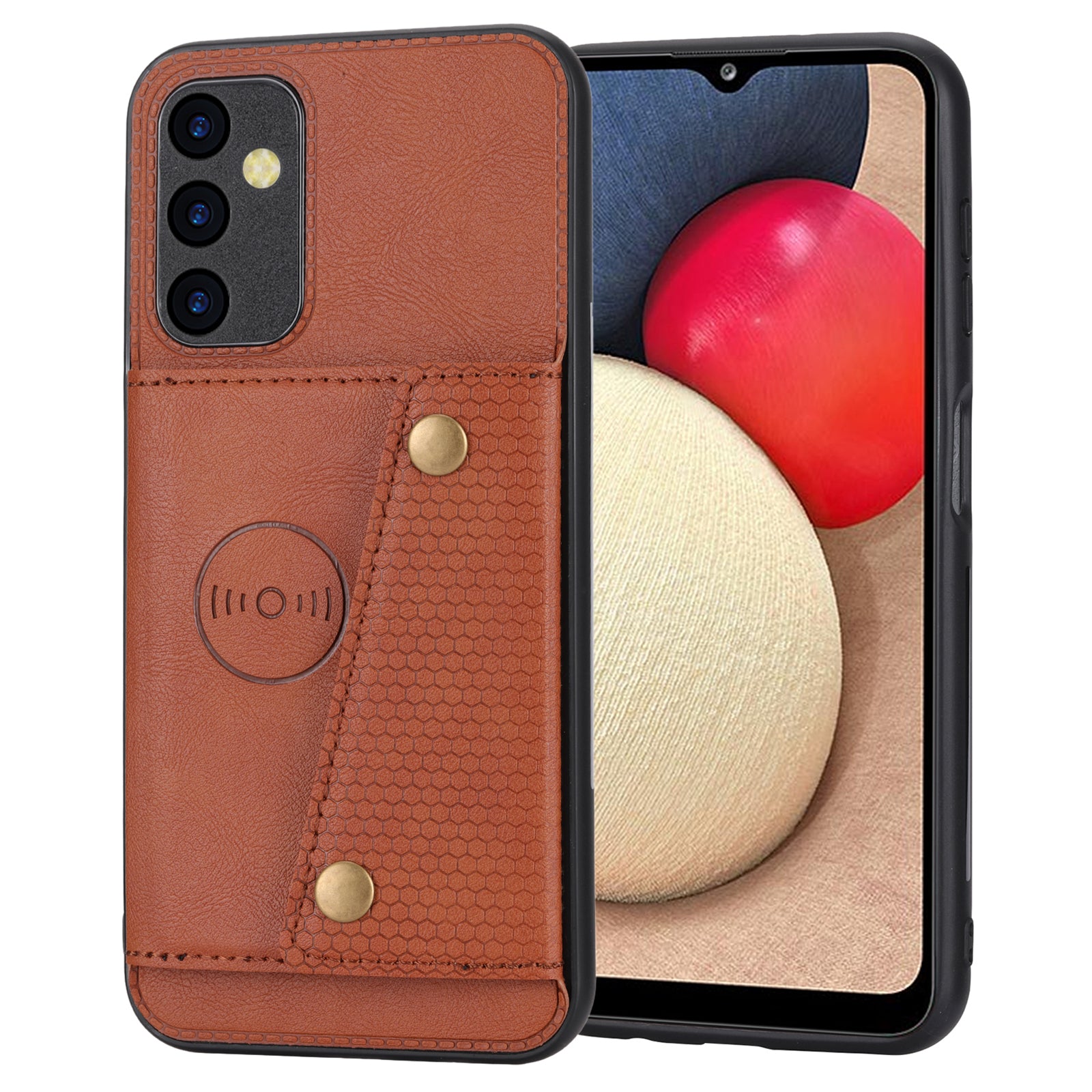 For Samsung Galaxy A34 5G Dual Button Card Holder PU Leather Coated TPU Case Car Mount Metal Sheet Phone Kickstand Cover