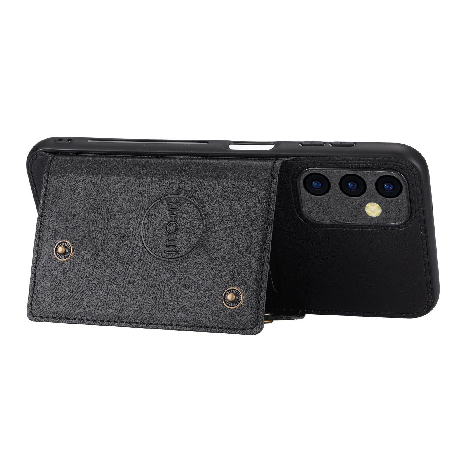 Til Samsung Galaxy A34 5G kortholder med dobbelt knap PU-læderbelagt TPU-etui Bilmontering Metalpladetelefon Kickstand Cover