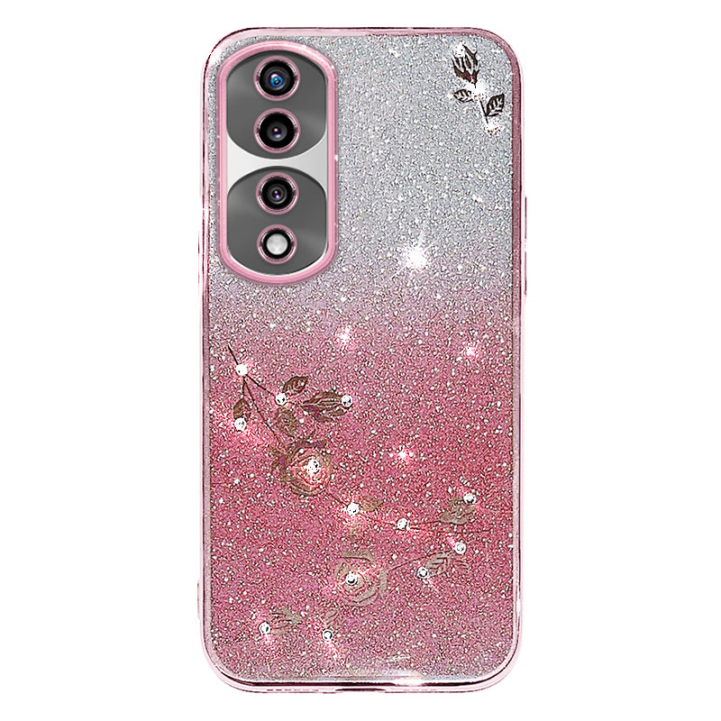 For Honor 70 Pro 5G Glitter Powder Flexible TPU Cell Phone Cover Flower Pattern Decor Rhinestone Design Cell Phone Case