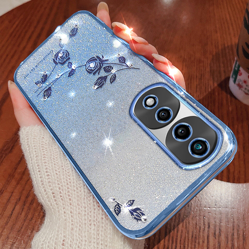 For Honor 70 Pro 5G Glitter Powder Flexible TPU Cell Phone Cover Flower Pattern Decor Rhinestone Design Cell Phone Case