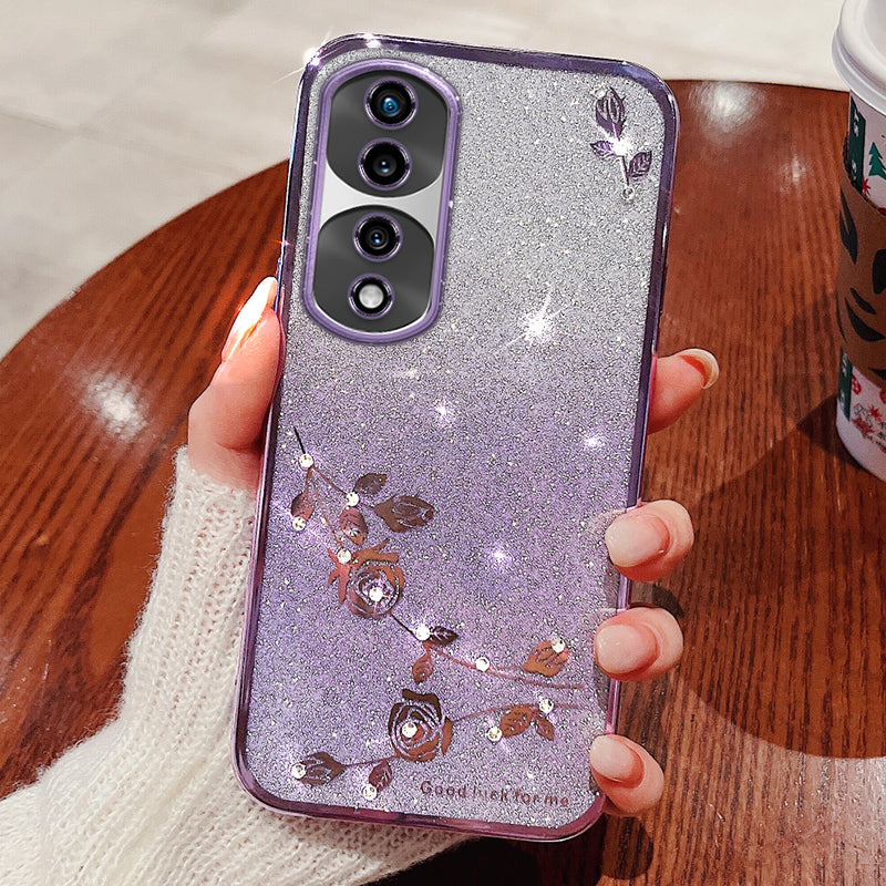 For Honor 70 Pro 5G Glitter Powder Flexible TPU Cell Phone Cover Flower Pattern Decor Rhinestone Design Cell Phone Case