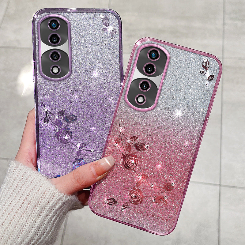 For Honor 70 Pro 5G Glitter Powder Flexible TPU Cell Phone Cover Flower Pattern Decor Rhinestone Design Cell Phone Case