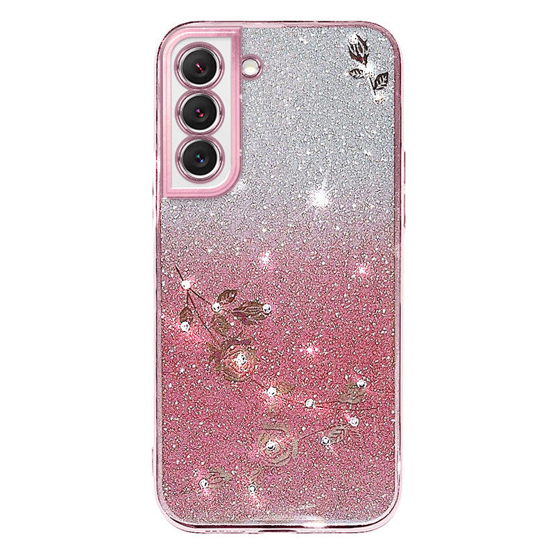 For Samsung Galaxy S22 5G Phone Cover Rhinestone Design Flower Pattern Decor Gradient Color Glitter Powder Flexible TPU Cell Phone Case
