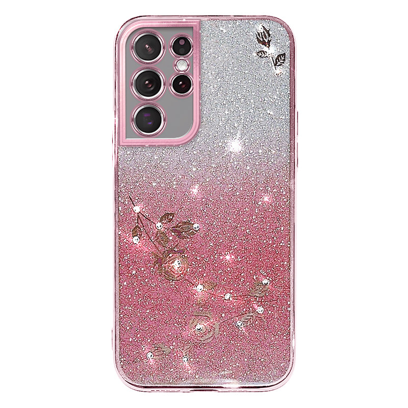 For Samsung Galaxy S21 Ultra 5G Anti-Fingerprint Smartphone Case Flower Pattern Decor Rhinestone Gradient Color Glitter Powder TPU Phone Cover Shell