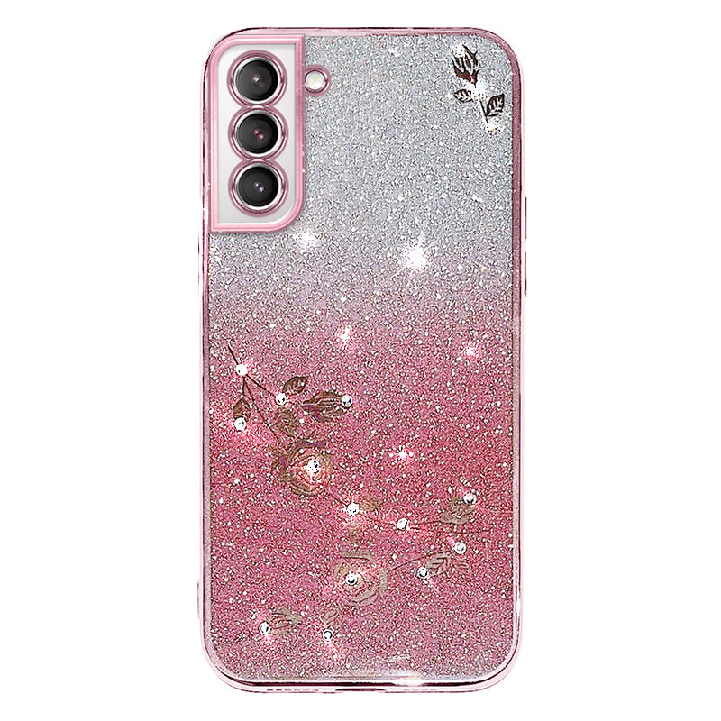 For Samsung Galaxy S21 5G Drop Protection Phone Case Flower Pattern Decor Rhinestone Gradient Color Glitter Powder TPU Cell Phone Cover