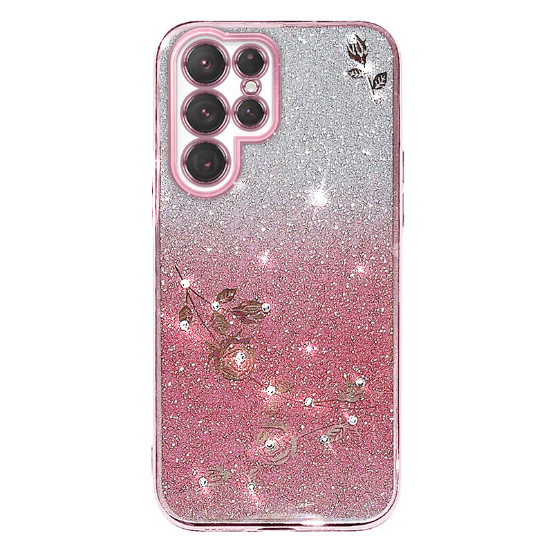 For Samsung Galaxy S22 Ultra 5G Anti-Shock Glitter Powder Flexible TPU Cell Phone Cover Flower Pattern Decor Rhinestone Phone Case Shell