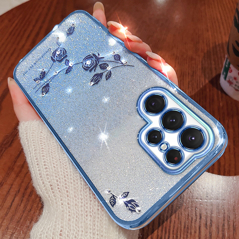 For Samsung Galaxy S22 Ultra 5G Anti-Shock Glitter Powder Flexible TPU Cell Phone Cover Flower Pattern Decor Rhinestone Phone Case Shell