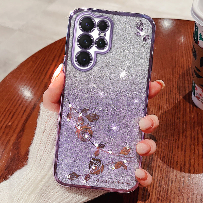 For Samsung Galaxy S22 Ultra 5G Anti-Shock Glitter Powder Flexible TPU Cell Phone Cover Flower Pattern Decor Rhinestone Phone Case Shell