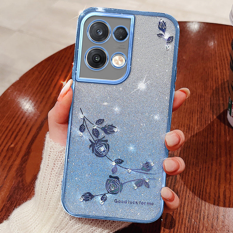 Rhinestone Design Smartphone Cover for Oppo Reno9 Pro 5G Glitter Powder Flower Pattern Decor TPU Phone Case