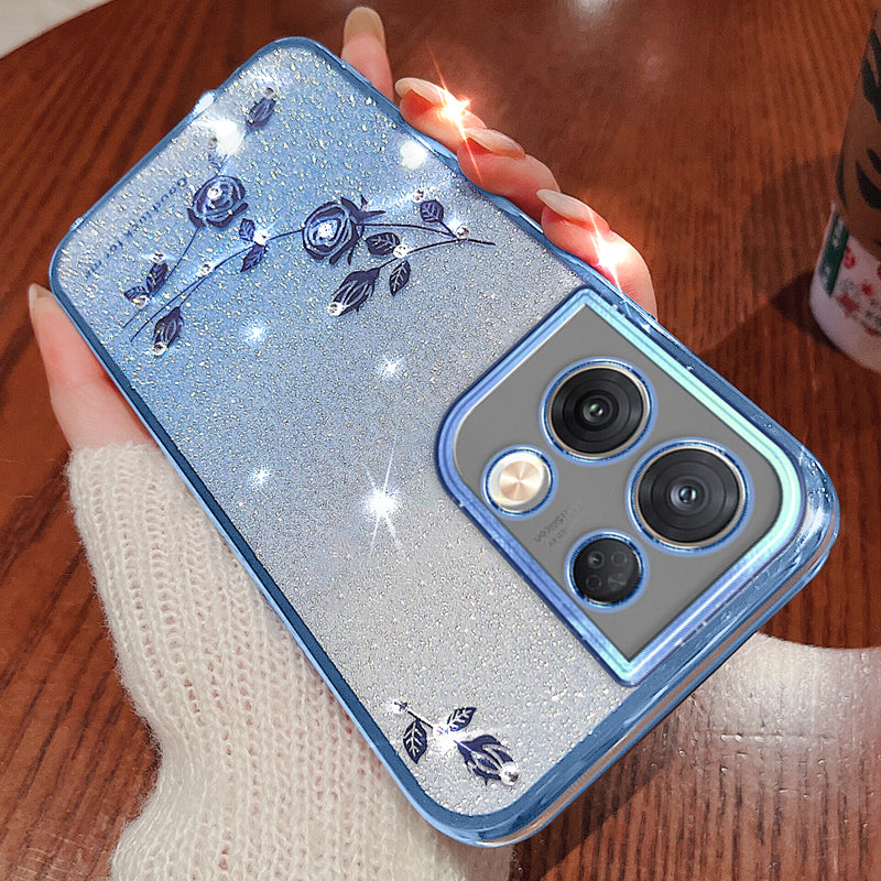 Rhinestone Design Smartphone Cover for Oppo Reno9 Pro 5G Glitter Powder Flower Pattern Decor TPU Phone Case