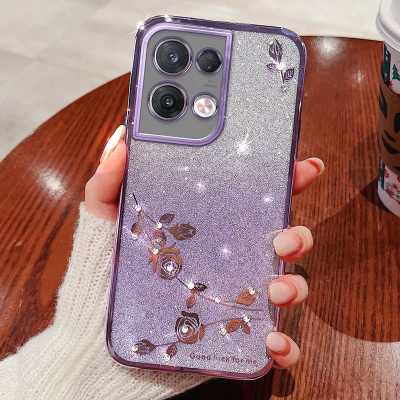 Rhinestone Design Smartphone Cover for Oppo Reno9 Pro 5G Glitter Powder Flower Pattern Decor TPU Phone Case