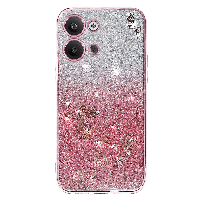 For Oppo Reno9 Pro 5G Glitter Powder Rhinestone Design Mobile Phone Case Flower Pattern Decor Flexible TPU Cell Phone Cover