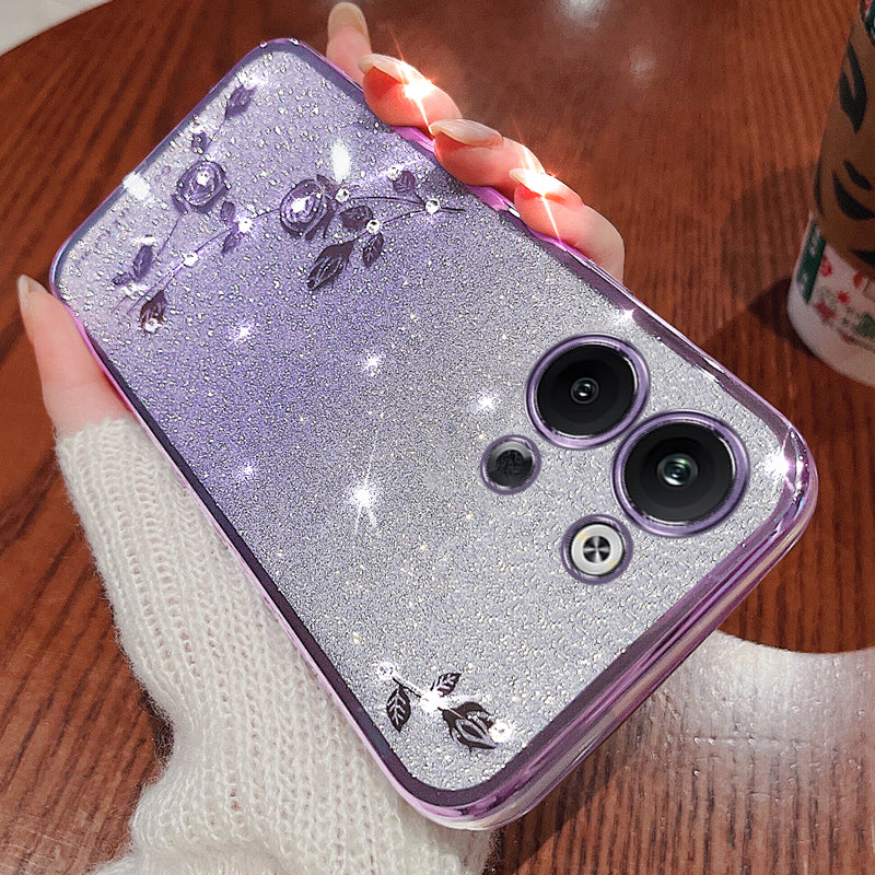 For Oppo Reno9 Pro 5G Glitter Powder Rhinestone Design Mobile Phone Case Flower Pattern Decor Flexible TPU Cell Phone Cover