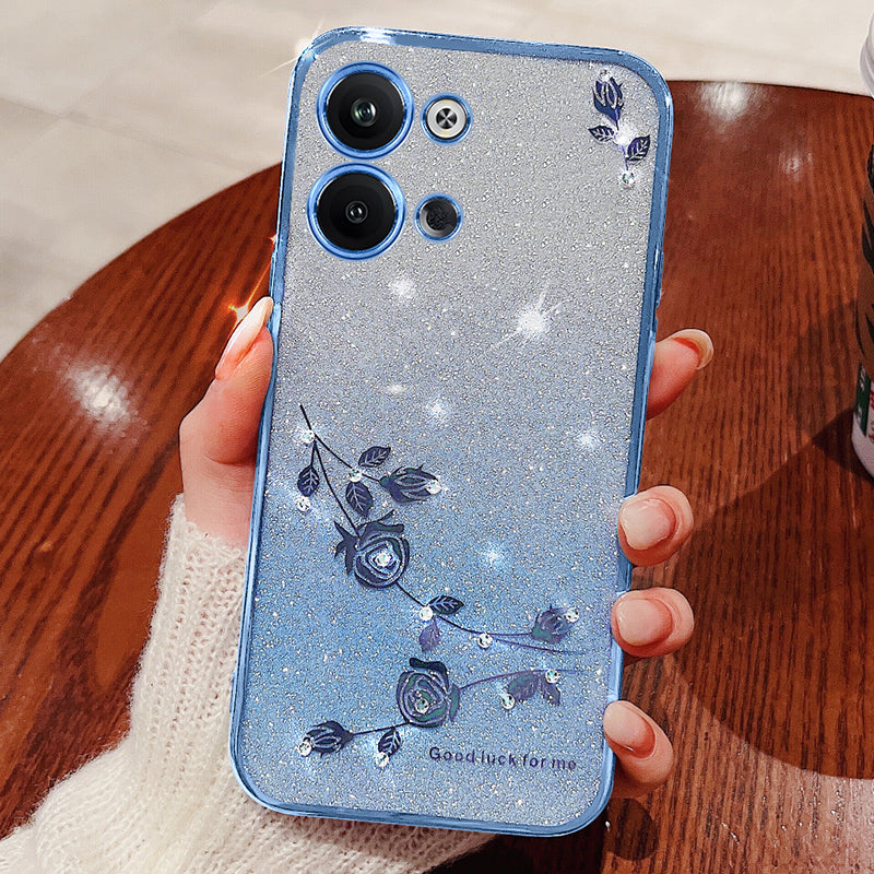 Flower Pattern Decor Phone Cover for Oppo Reno9 5G Rhinestone Design Glitter Powder Flexible TPU Smartphone Case