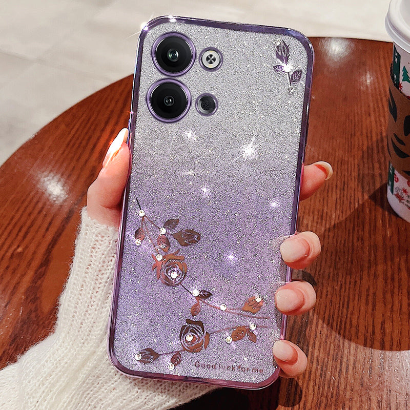 Flower Pattern Decor Phone Cover for Oppo Reno9 5G Rhinestone Design Glitter Powder Flexible TPU Smartphone Case