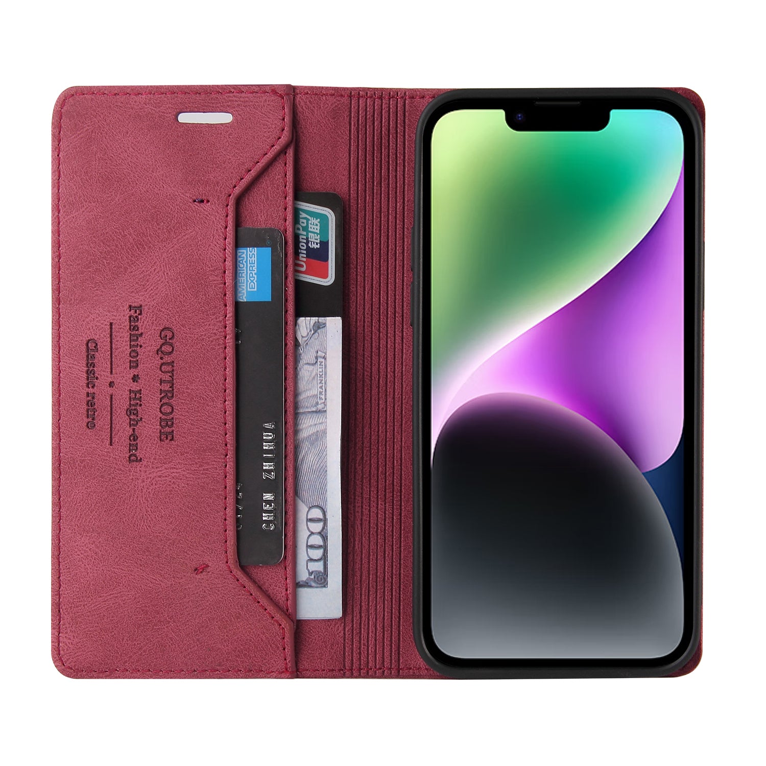 Řada GQ.UTROBE 008 pro iPhone 14 Pouzdro na peněženku s PU koženým stojánkem proti pádu s blokováním RFID proti pádu
