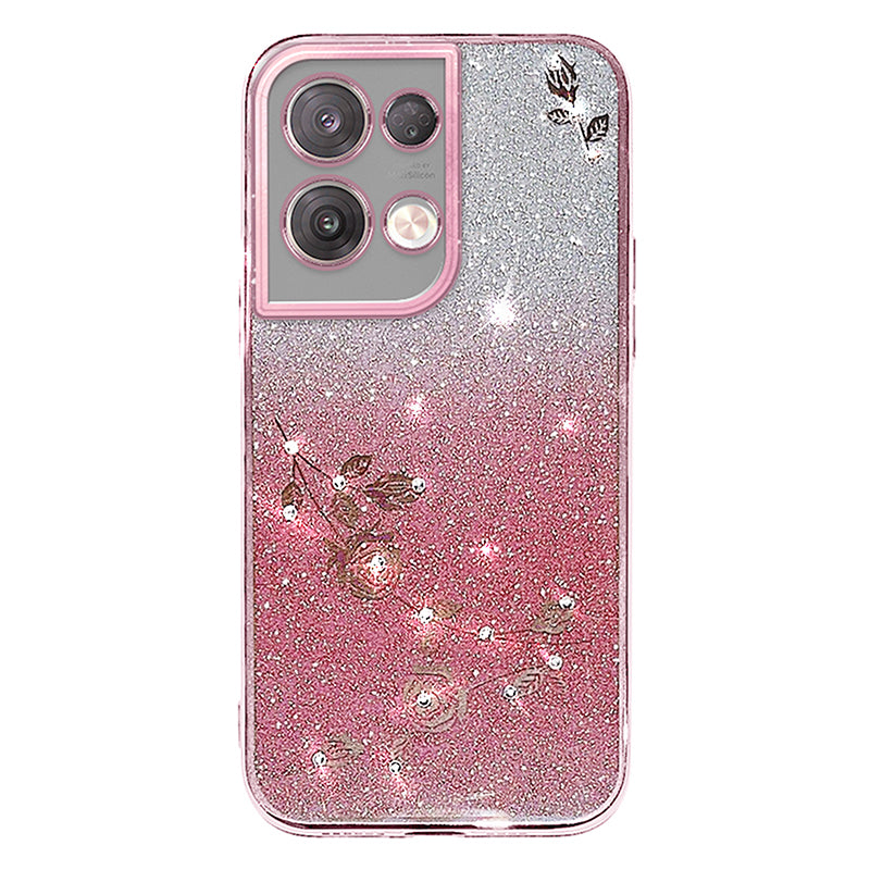 For Oppo Reno8 5G (Global Version) Rhinestone Decor Flower Pattern Phone Case Gradient Color Glitter Powder Anti-drop TPU Cover