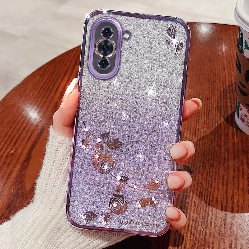 Flower Pattern Glitter Powder TPU Case for Huawei nova 10 4G Rhinestone Gradient Color Protective Phone Cover