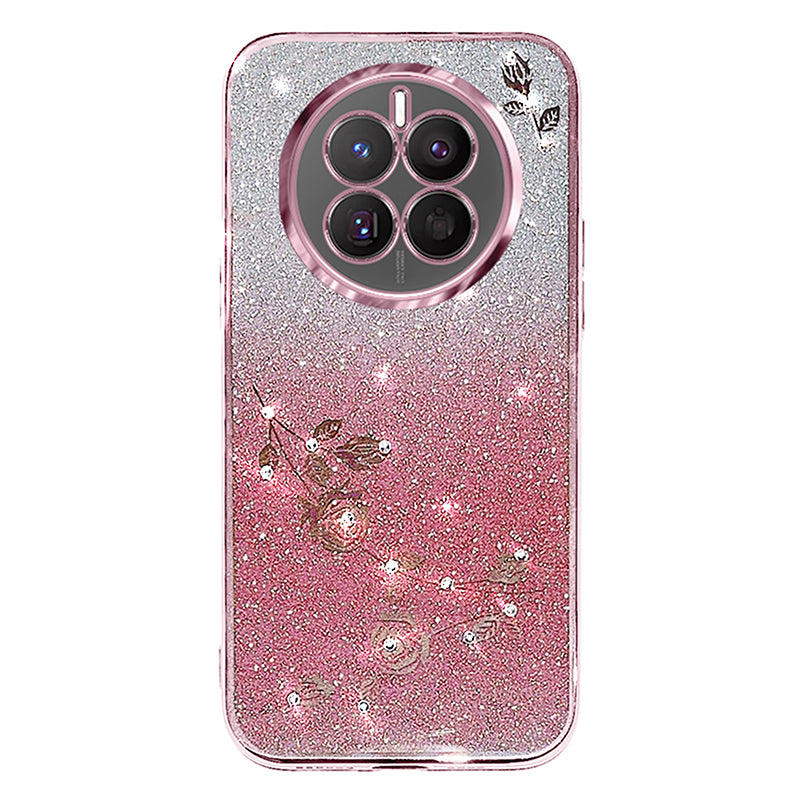 Flower Pattern Phone Case for Huawei Mate 50 4G Shiny Rhinestone Gradient Color Glitter Powder TPU Protective Cover
