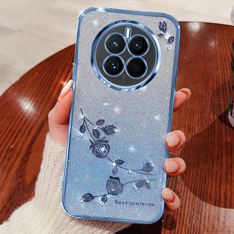 Flower Pattern Phone Case for Huawei Mate 50 4G Shiny Rhinestone Gradient Color Glitter Powder TPU Protective Cover