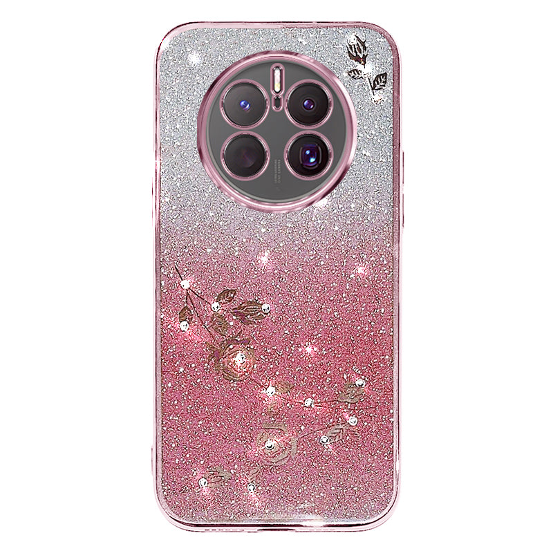 Flower Pattern Rhinestone Decor TPU Case for Huawei Mate 50 Pro 4G Gradient Color Glitter Powder Cell Phone Cover