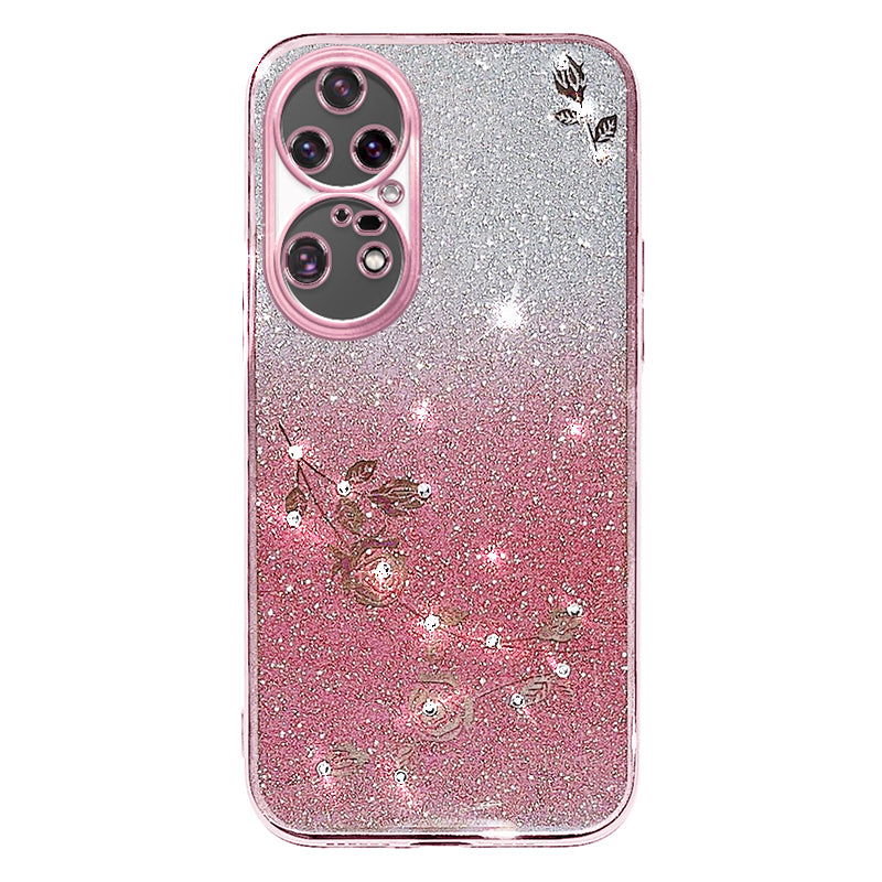 Gradient Color Glitter Powder Phone Case for Huawei P50 Pro 4G Rhinestone Flower Pattern TPU Cover