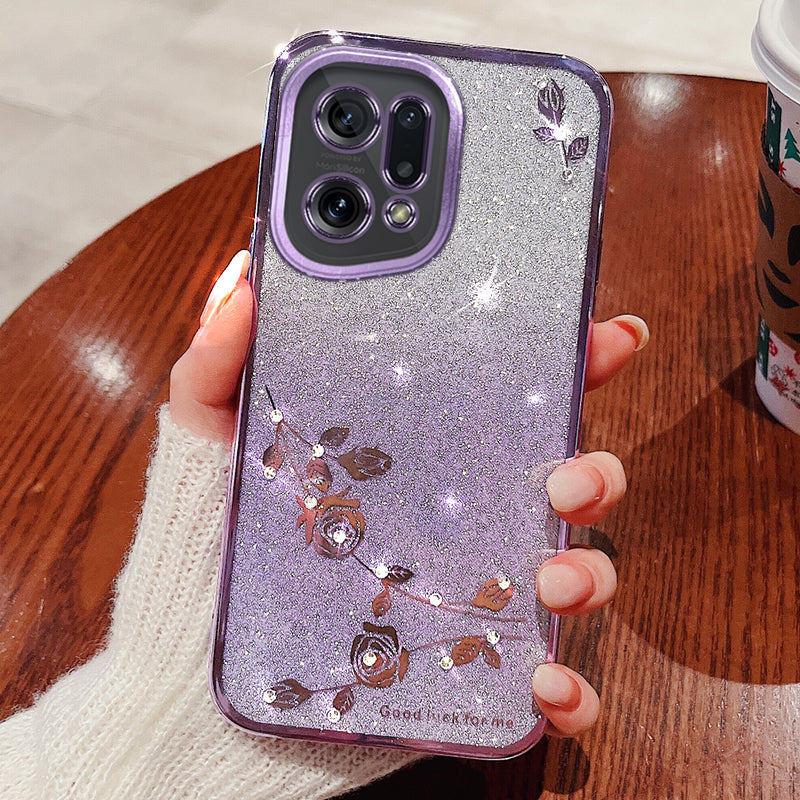 TPU Phone Case for Oppo Find X5 Flower Pattern Rhinestone Gradient Color Glitter Powder Back Cover
