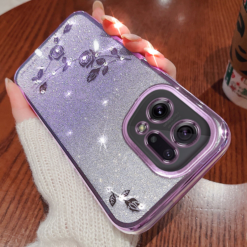 TPU Phone Case for Oppo Find X5 Flower Pattern Rhinestone Gradient Color Glitter Powder Back Cover