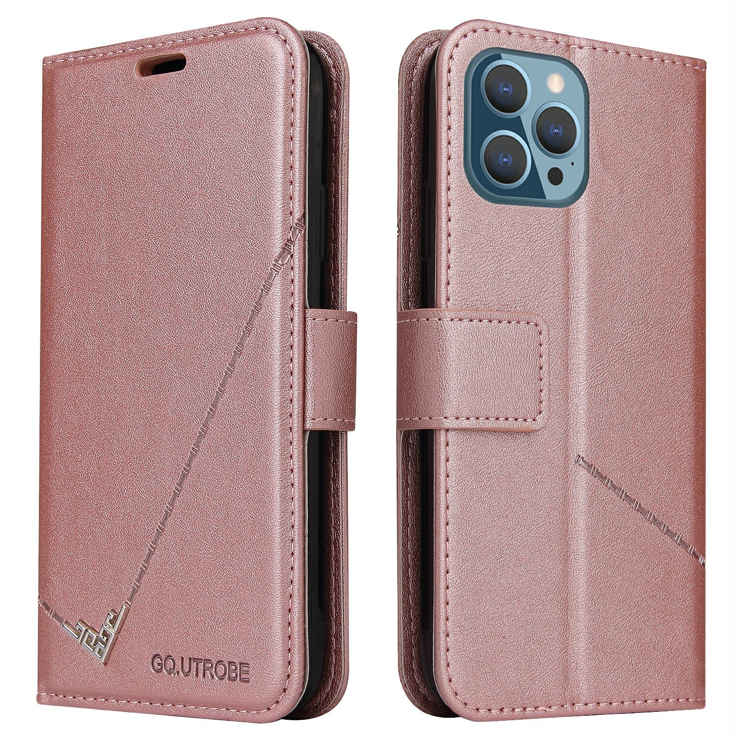 GQ.UTROBE For iPhone 14 Pro Max PU Leather Wallet Case Rectangular Metal Decor Folio Flip Foldable Stand Phone Cover