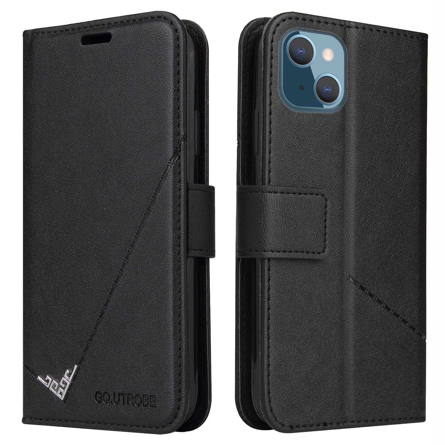 GQ.UTROBE For iPhone 14 Rectangular Metal Decor PU Leather Case Magnetic Clasp Phone Wallet Stand Cover