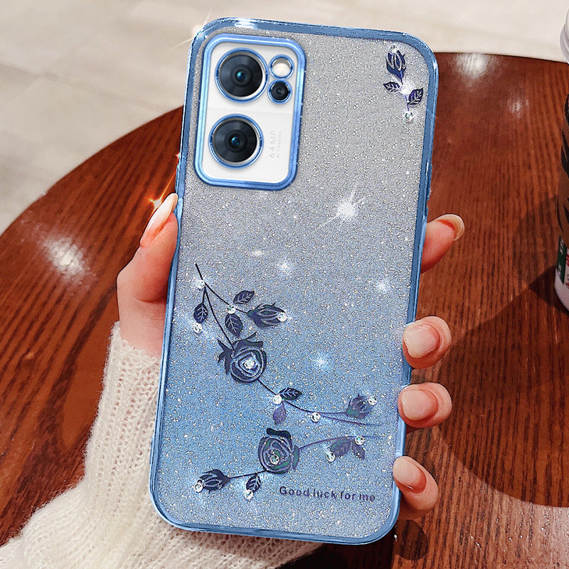 Shiny Rhinestone Phone Case for Oppo Reno7 5G (Global) Gradient Color Glitter Powder Flower Pattern TPU Protective Cover