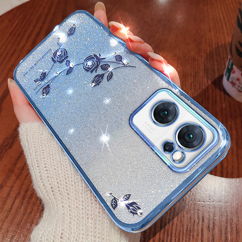 Shiny Rhinestone Phone Case for Oppo Reno7 5G (Global) Gradient Color Glitter Powder Flower Pattern TPU Protective Cover