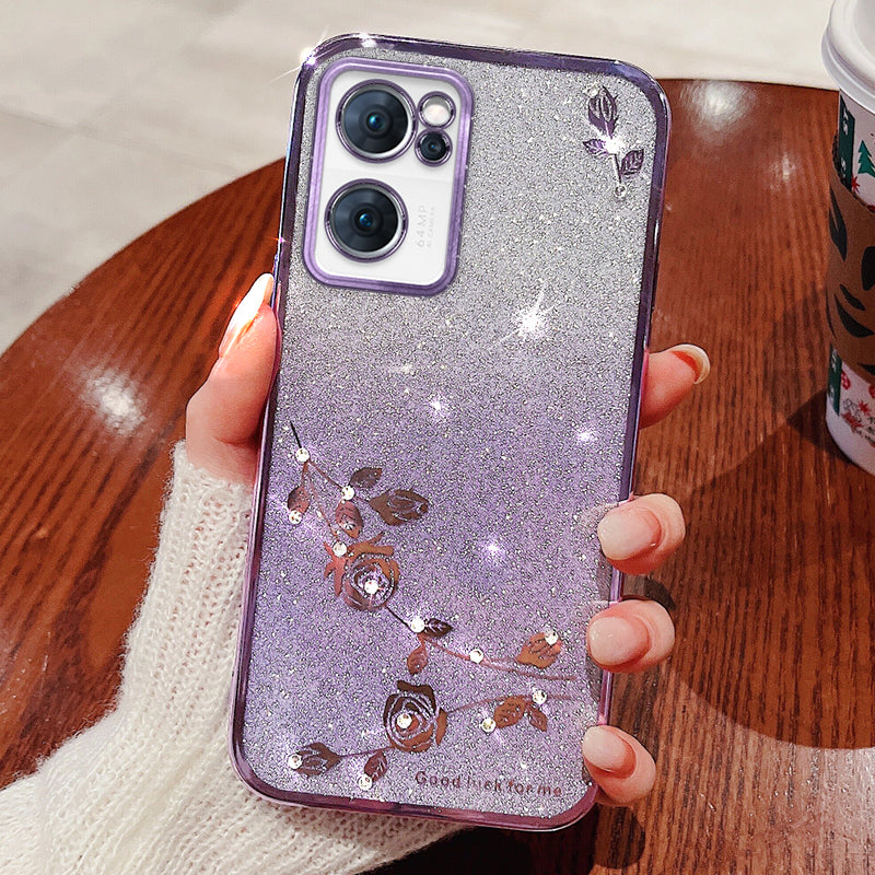 Shiny Rhinestone Phone Case for Oppo Reno7 5G (Global) Gradient Color Glitter Powder Flower Pattern TPU Protective Cover