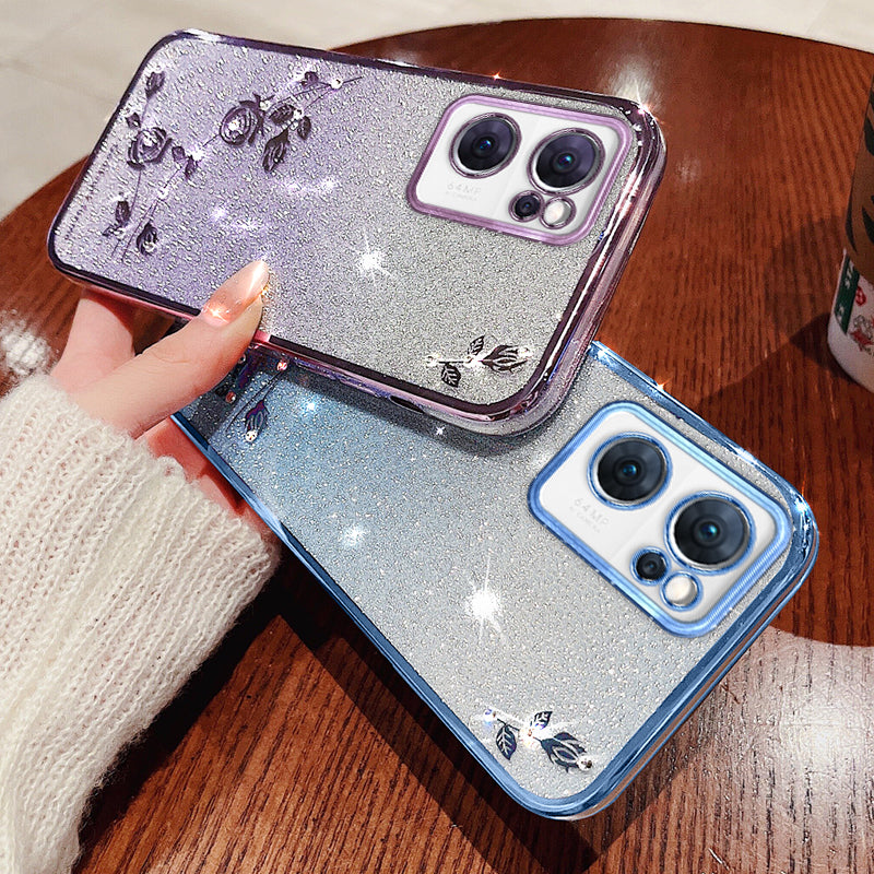 Shiny Rhinestone Phone Case for Oppo Reno7 5G (Global) Gradient Color Glitter Powder Flower Pattern TPU Protective Cover