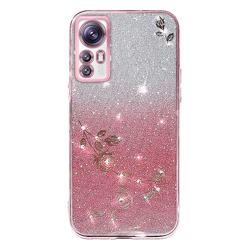 Flower Pattern TPU Case for Xiaomi 12 5G 12X 5G 12S 5G Gradient Color Glitter Powder Phone Cover with Rhinestone Decor