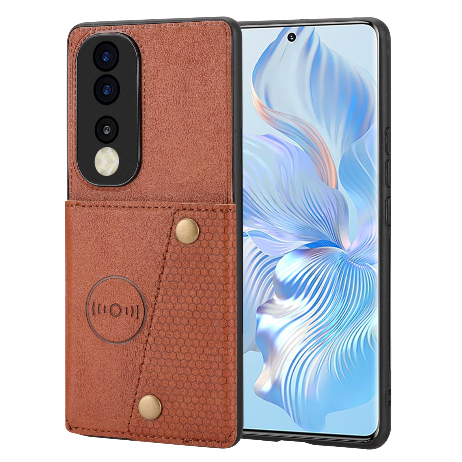 Dual Button Card Holder Phone Cover for Honor 80 5G Kickstand Car Mount Metal Sheet Anti-scratch Leather Coated TPU Case