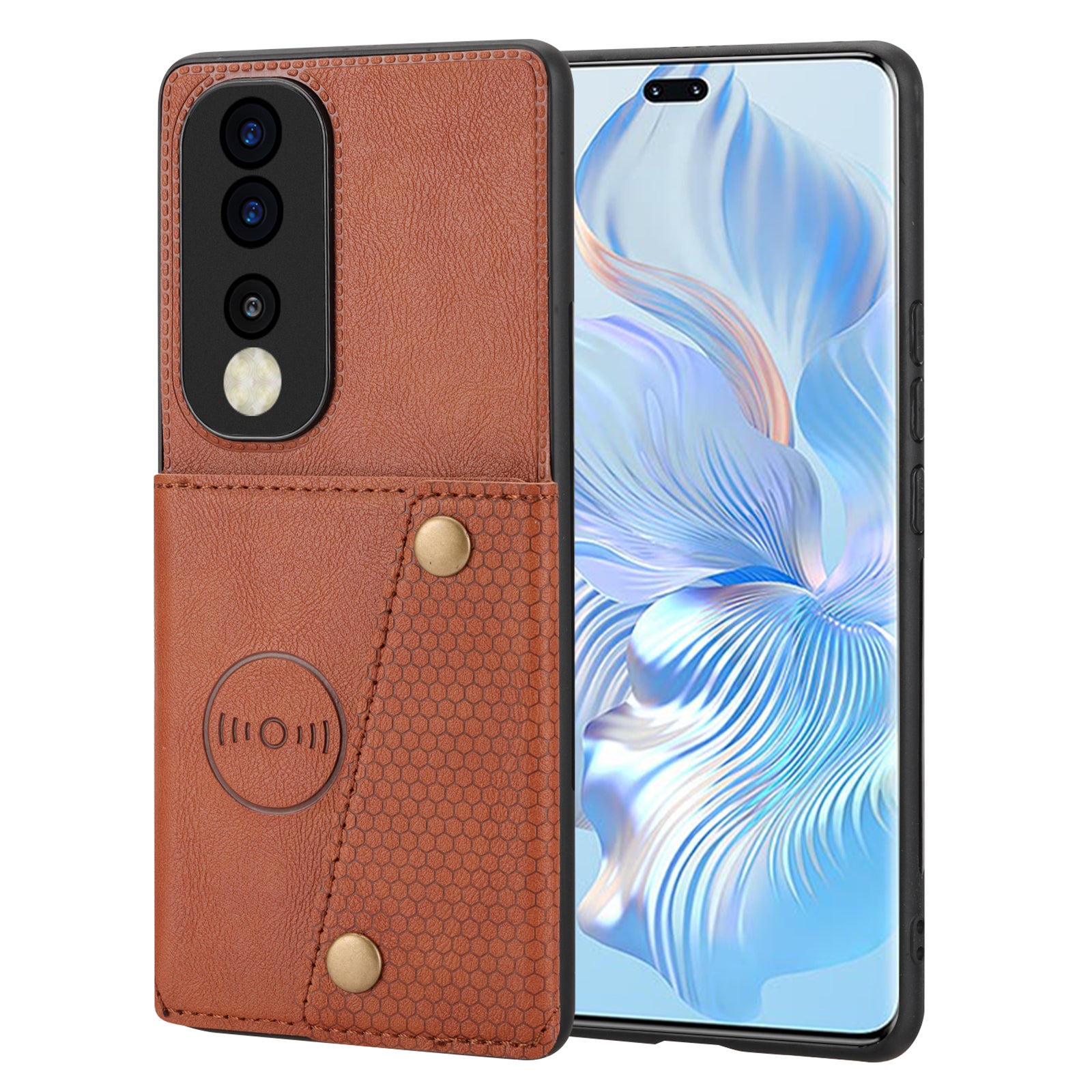 Dual Button Card Slots Kickstand Phone Case for Honor 80 Pro 5G PU Leather Coated TPU Back Cover with Built-in Metal Sheet