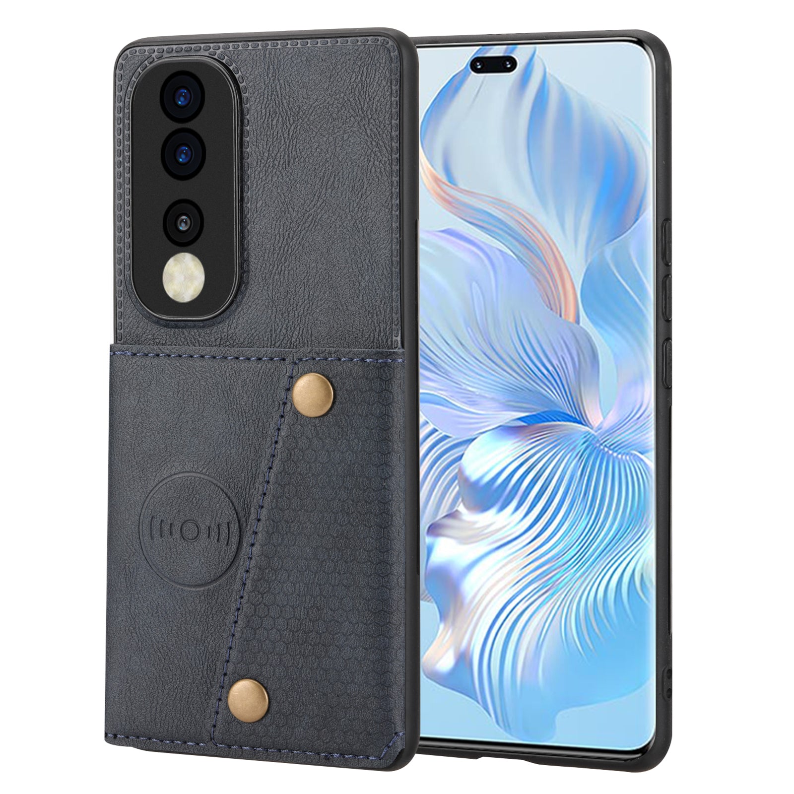 Dual Button Card Slots Kickstand Phone Case for Honor 80 Pro 5G PU Leather Coated TPU Back Cover with Built-in Metal Sheet
