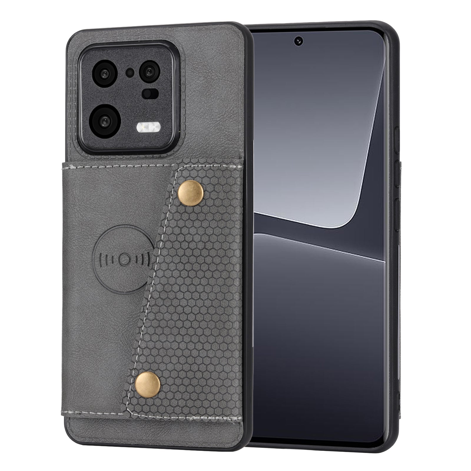 For Xiaomi 13 5G Kickstand Phone Case Dual Button Card Slots Drop-proof PU Leather Coated TPU Case with Built-in Metal Sheet