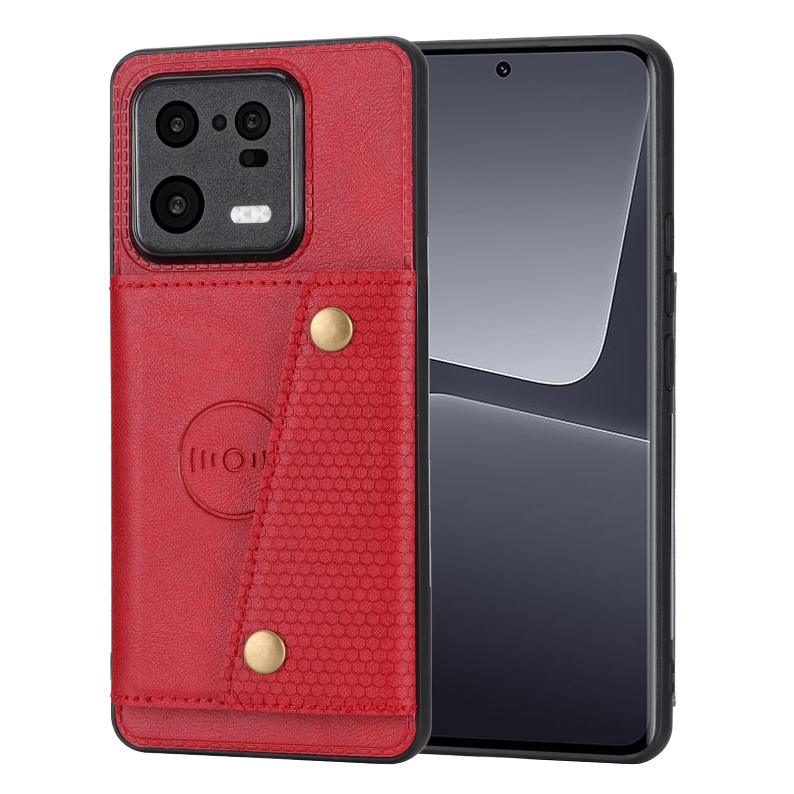 For Xiaomi 13 5G Kickstand Phone Case Dual Button Card Slots Drop-proof PU Leather Coated TPU Case with Built-in Metal Sheet