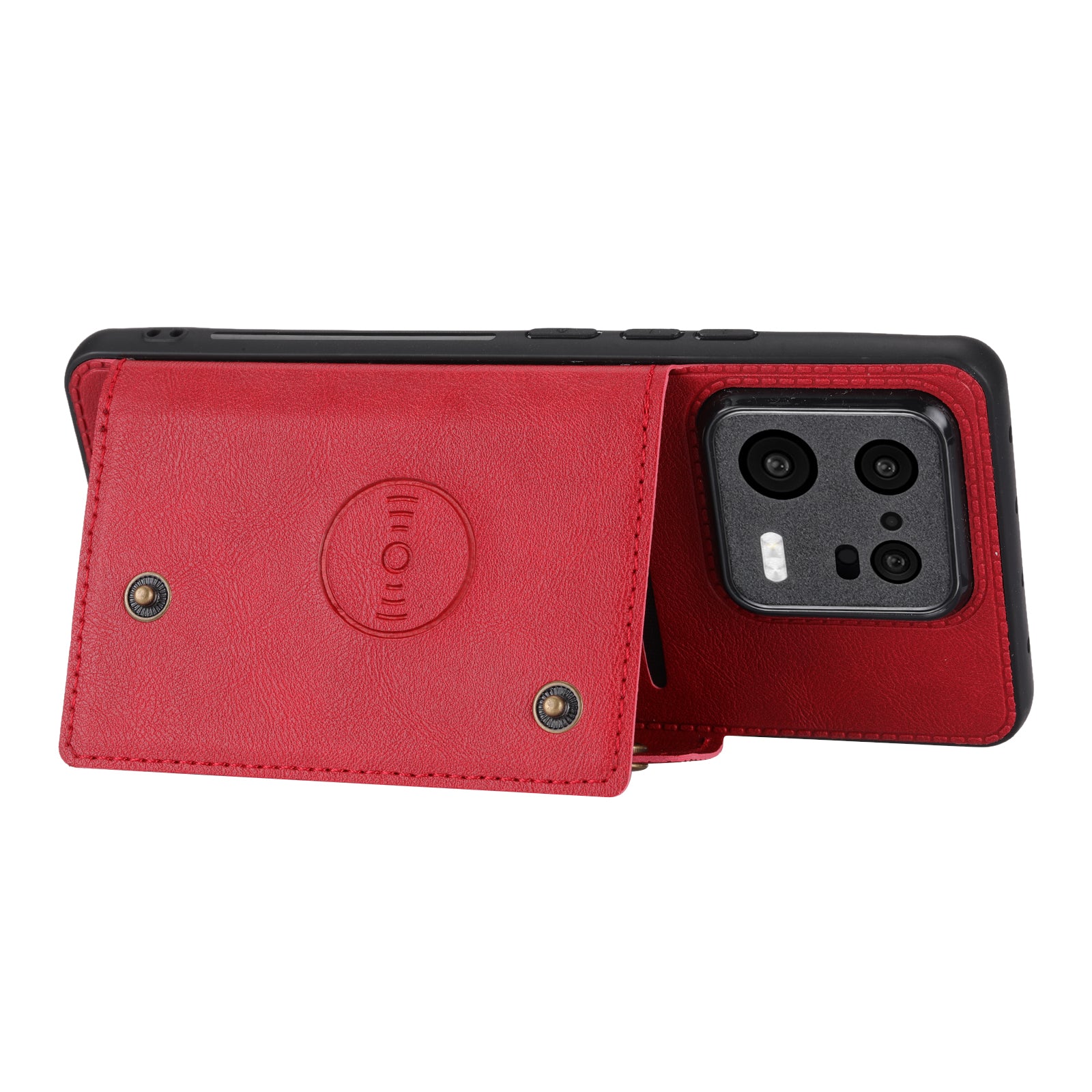 For Xiaomi 13 5G Kickstand Phone Case Dual Button Card Slots Drop-proof PU Leather Coated TPU Case with Built-in Metal Sheet