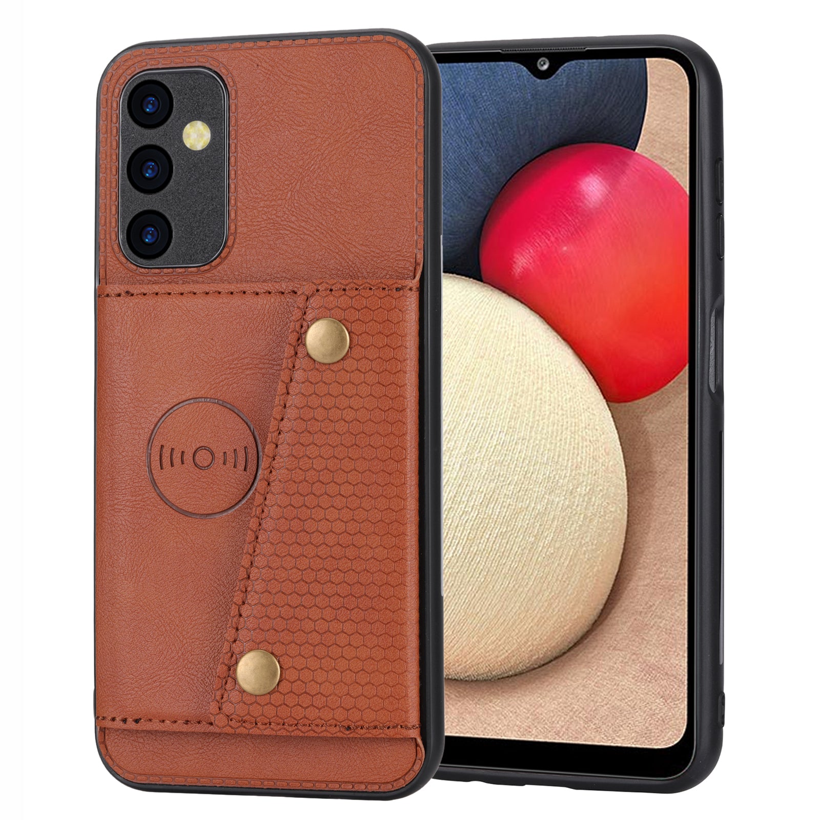 For Samsung Galaxy A14 5G Dual Button Card Slots Leather Coated TPU Case Car Mount Metal Sheet Kickstand Phone Cover