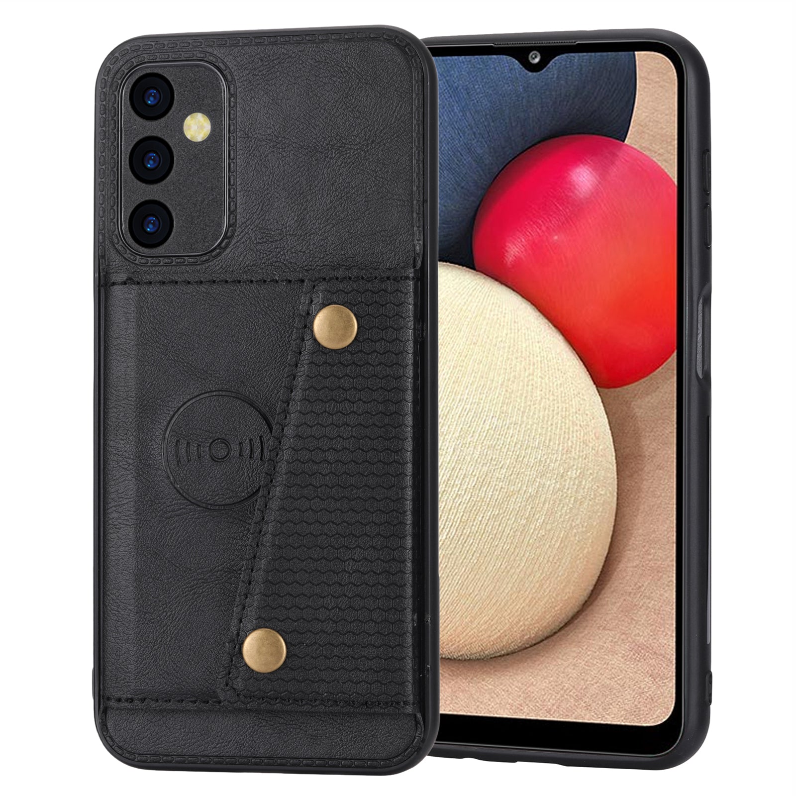 For Samsung Galaxy A14 5G Dual Button Card Slots Leather Coated TPU Case Car Mount Metal Sheet Kickstand Phone Cover