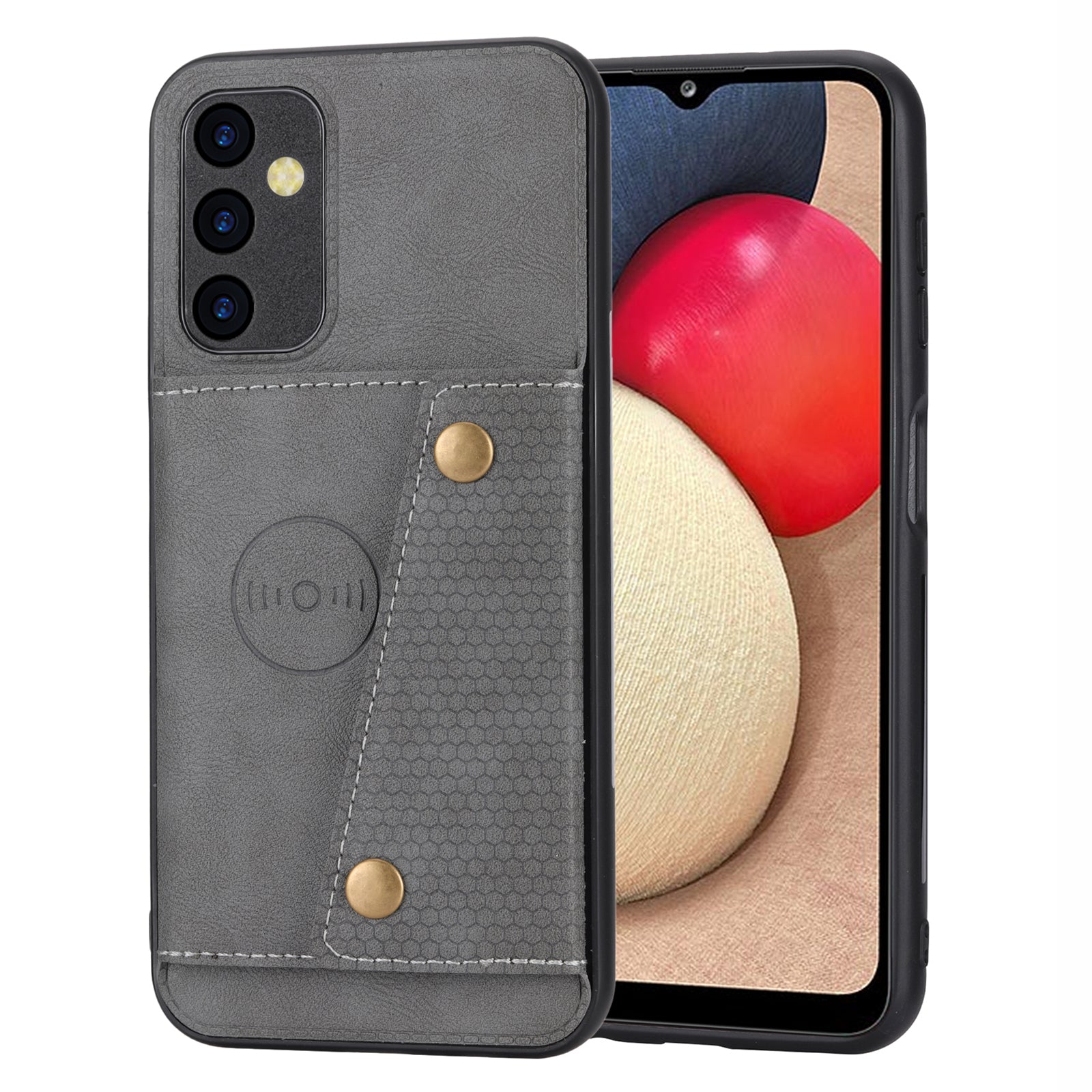 For Samsung Galaxy A14 5G Dual Button Card Slots Leather Coated TPU Case Car Mount Metal Sheet Kickstand Phone Cover