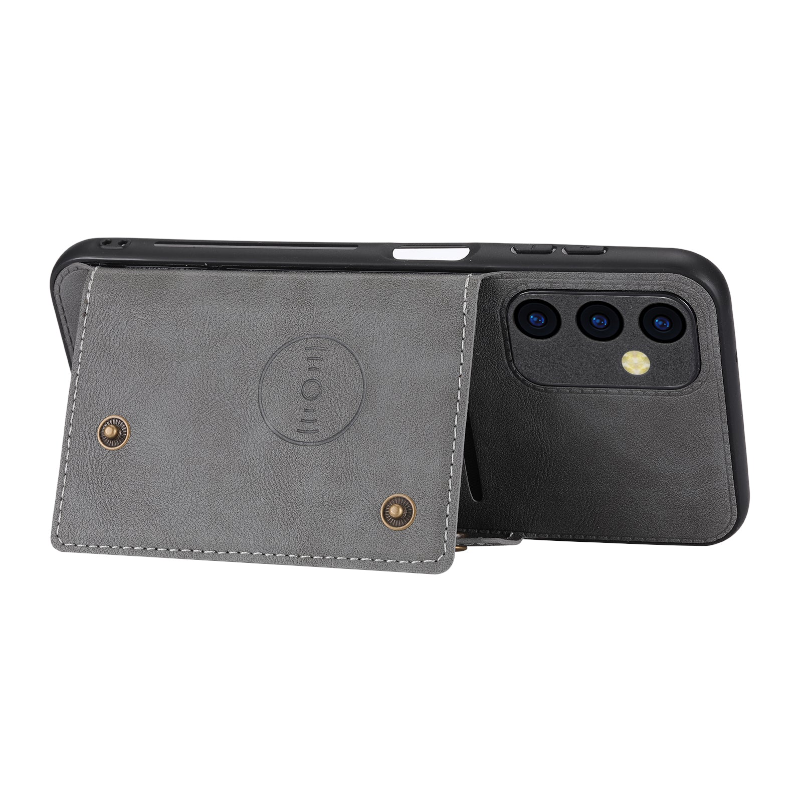 For Samsung Galaxy A14 5G Dual Button Card Slots Leather Coated TPU Case Car Mount Metal Sheet Kickstand Phone Cover