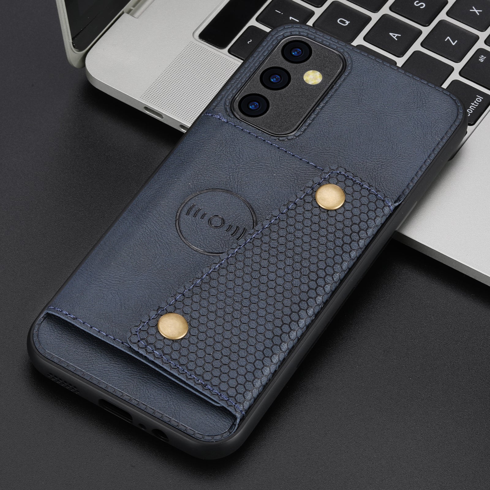 For Samsung Galaxy A14 5G Dual Button Card Slots Leather Coated TPU Case Car Mount Metal Sheet Kickstand Phone Cover