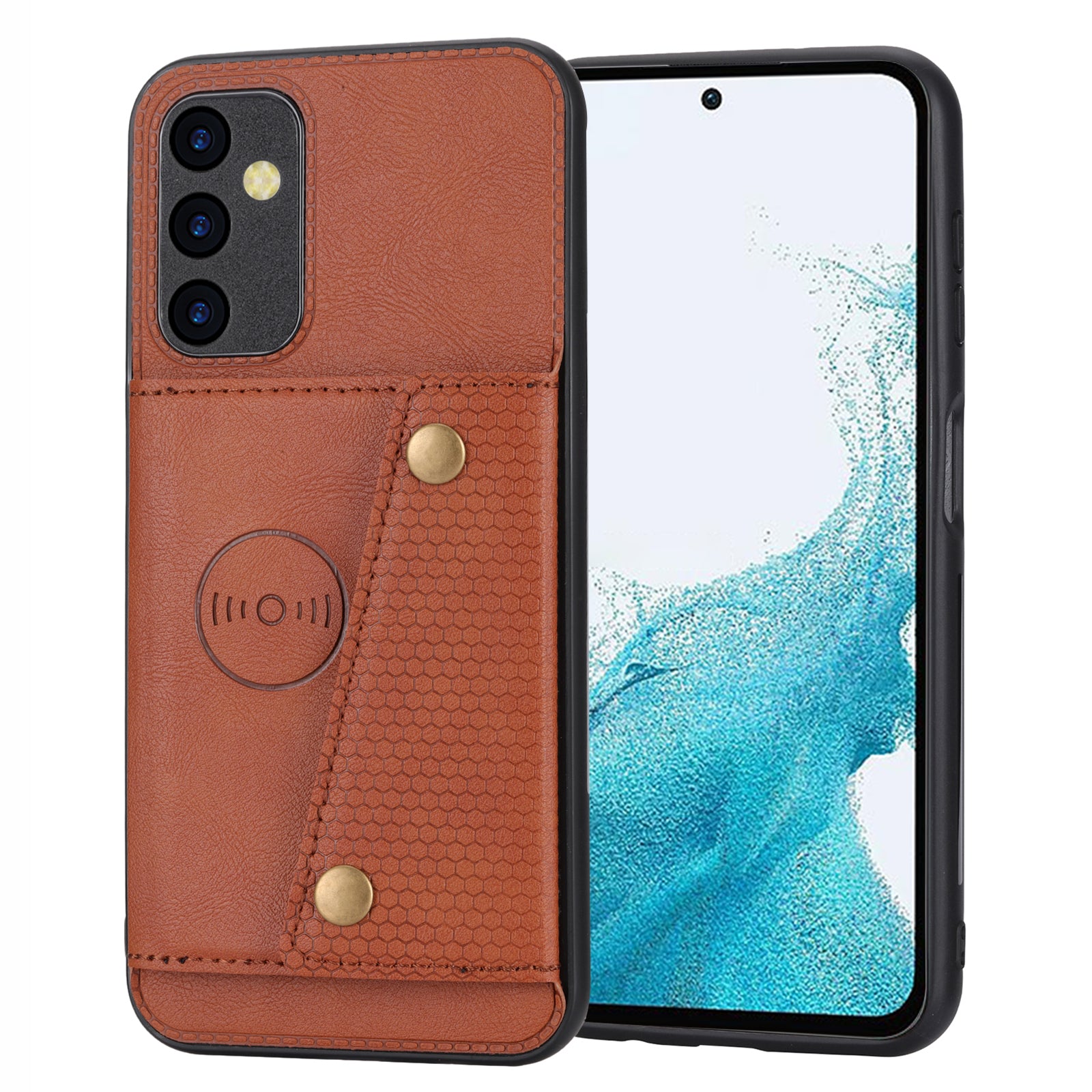 For Samsung Galaxy A54 5G Dual Button Card Slots Phone Case Kickstand Anti-drop PU Leather Coated TPU Cover with Built-in Metal Sheet